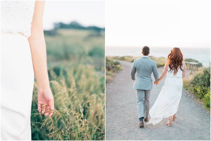  bride and groom walking through fields by central california coastline 